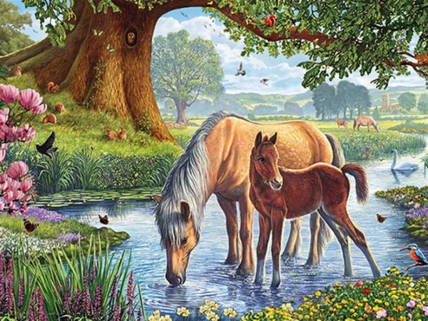 2 Horses in Stream Cross Stitching Kit (30x40cm 14CT Printed canvas)
