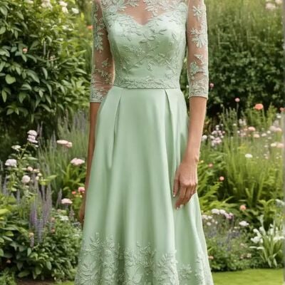 Mint green aline lace tea-length mother of bride/groom dress evening formal gown