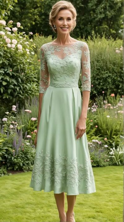 Mint Green ALine Lace Tea-length Mother of Bride/Groom Dress Evening Formal Gown