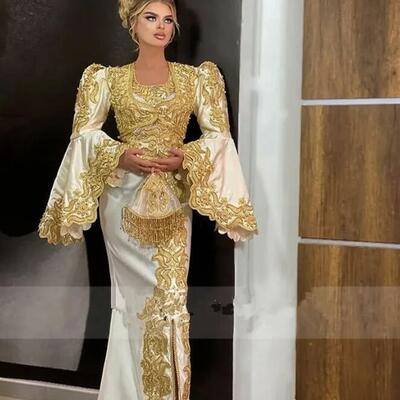 Traditional kosovo vestidos formales arabic satin evening dresses flared sleeves applique lace mermaid prom dress robe de soiré