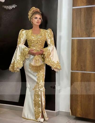 Traditional Kosovo vestidos Formales Arabic Satin Evening Dresses Flared Sleeves Applique Lace Mermaid Prom Dress robe de soiré