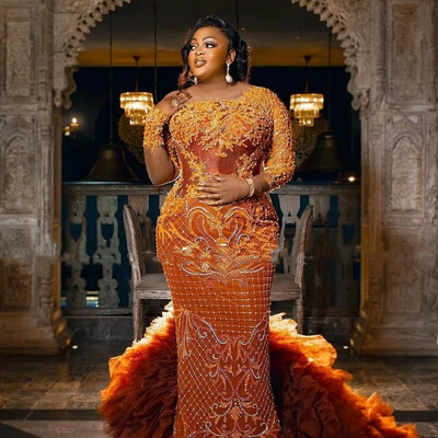 Luxury african women plus size evening dresses beaidng applique mermaid prom dress long sleeves special occasion reception gowns