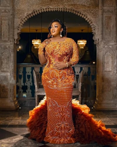 Luxury African Women Plus Size Evening Dresses Beaidng Applique Mermaid Prom Dress Long Sleeves Special Occasion Reception Gowns
