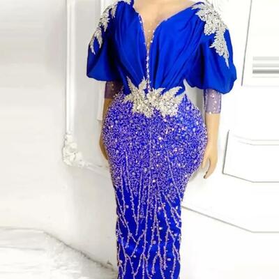Royal blue mermaid prom dresses sheer neck appliques beads puffy 3/4 long sleeves plus size evening dress for african women party gown
