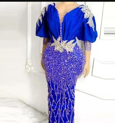 Royal Blue Mermaid Prom Dresses Sheer neck Appliques Beads Puffy 3/4 Long Sleeves Plus Size Evening Dress For African Women Party Gown