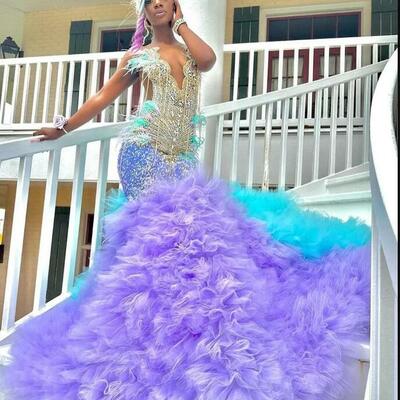 Purple and blue mermaid prom dresses beading crystals evening dress for african women party gown
