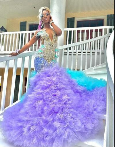 Purple and Blue Mermaid Prom Dresses Beading Crystals Evening Dress For African Women Party Gown