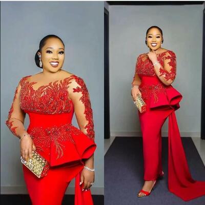 Red evening dresses crystal beading long sleeve prom gowns party wear african fashion second reception dress