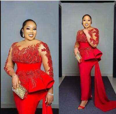 Red Evening Dresses Crystal Beading Long Sleeve Prom Gowns Party Wear African Fashion Second Reception Dress