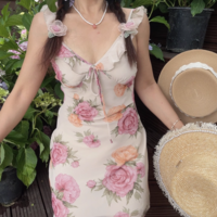 Floral contrast color small fresh V-neck lace mesh splicing flying sleeve dress - Thumbnail 1