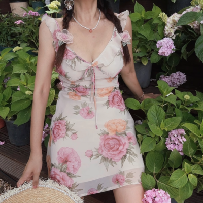 Floral contrast color small fresh v-neck lace mesh splicing flying sleeve dress