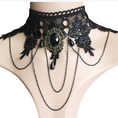 Black lace necklace women girl boho crystal tassel sexy lace choker jewelry gift - Thumbnail 4