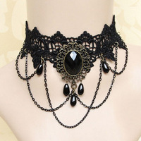 Black Lace Necklace Women Girl Boho Crystal Tassel Sexy Lace Choker Jewelry Gift - Thumbnail 1