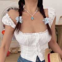 Embroidered hollow lace patchwork white top - Thumbnail 4