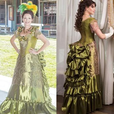 Olive green evening dresses victorian bustle costume short sleeves pleats ruffle corset the gilded age prom party gowns