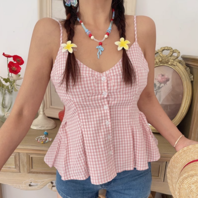 V-neck button-down solid color pleated cotton plaid cropped camisole top