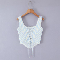 Square Neck Lace Pleated Back Tie Slim Striped Vest - Thumbnail 1