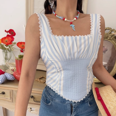 Square Neck Lace Pleated Back Tie Slim Striped Vest