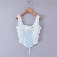 Square Neck Lace Pleated Back Tie Slim Striped Vest - Thumbnail 2
