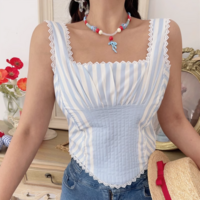 Square Neck Lace Pleated Back Tie Slim Striped Vest - Thumbnail 3