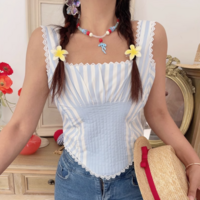 Square Neck Lace Pleated Back Tie Slim Striped Vest - Thumbnail 6