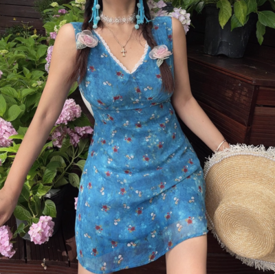 Floral Collar Chiffon Waist Sleeveless Short Dress