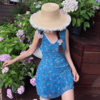 Floral Collar Chiffon Waist Sleeveless Short Dress - Thumbnail 4