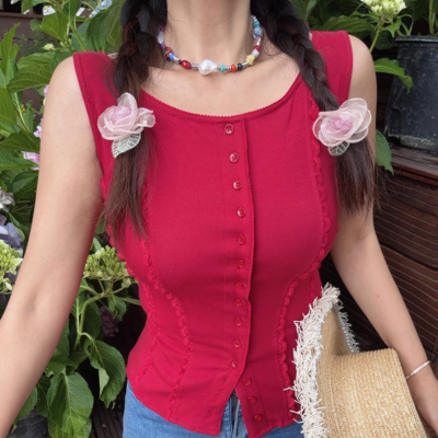 Simple style small lace patchwork slim round neck single-breasted sleeveless vest