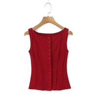 Simple style small lace patchwork slim round neck single-breasted sleeveless vest - Thumbnail 1