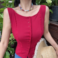 Simple style small lace patchwork slim round neck single-breasted sleeveless vest - Thumbnail 3