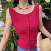 Simple style small lace patchwork slim round neck single-breasted sleeveless vest - Thumbnail 5