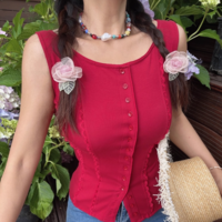 Simple style small lace patchwork slim round neck single-breasted sleeveless vest - Thumbnail 7