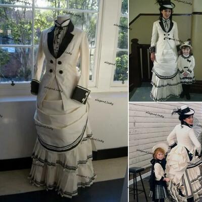 Historical civil war southern evening formal dresses with long sleeve black white victorian lady's edwardian lace-up 