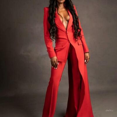 Red women suits set 2 pieces super long blazer wide leg pants custom made fashion office lady floor length party prom dress