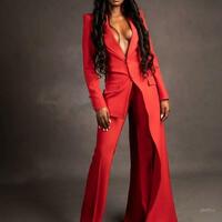 Red Women Suits Set 2 Pieces Super Long Blazer Wide Leg Pants Custom Made Fashion Office Lady Floor Length Party Prom Dress - Thumbnail 4