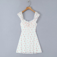 Lace-up Large U-neck Ruffled Waist Printed Dress - Thumbnail 1