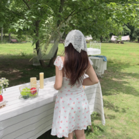 Lace-up Large U-neck Ruffled Waist Printed Dress - Thumbnail 2