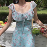 Lace-up Large U-neck Ruffled Waist Printed Dress - Thumbnail 4