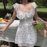 Lace-up Large U-neck Ruffled Waist Printed Dress - Thumbnail 6