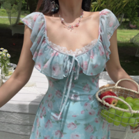 Lace-up Large U-neck Ruffled Waist Printed Dress - Thumbnail 7