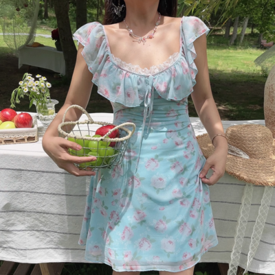 Lace-up Large U-neck Ruffled Waist Printed Dress