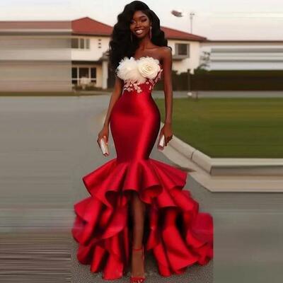 Chic high low red mermaid prom dresses with hand made flowers appliques strapless corset evening gowns african girls pageant party dress