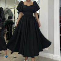 Vintage A-line Black Prom Dress with Puffy Sleeves - Thumbnail 1
