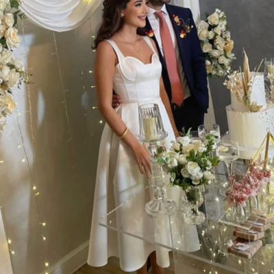 Simple a-line ivory satin tea length prom dresses