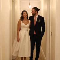 Simple A-line Ivory Satin Tea Length Prom Dresses - Thumbnail 1