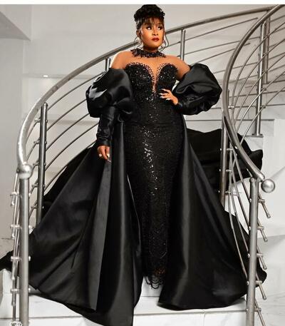 Black Sheath Prom Dress Detachable Train Satin Beaded Evening Formal Party Second Reception Birthday Engagement Gowns Dresses