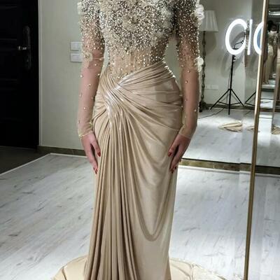 Elegant champagne mermaid prom dresses beaded long sleeves corset evening gowns 3d ral appliques ruched formal dress for women 