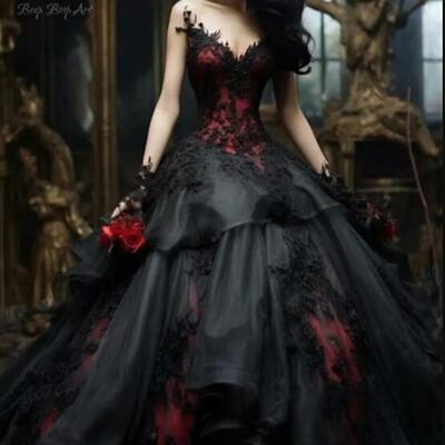 Black and red gothic prom dresses ruffle tiered ball gown long evening gowns lace appliques sweetheart sleeveless vintage special ocn dress 
