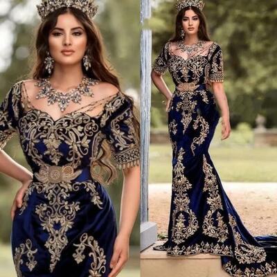 Vintage arabic kaftan mermaid evening dresses short sleeves gold lace appliques beaded long navy blue velvet celebrity party gowns women