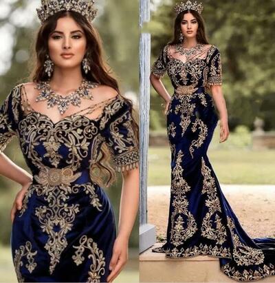 Vintage Arabic Kaftan Mermaid Evening Dresses Short Sleeves Gold Lace Appliques Beaded Long Navy Blue Velvet Celebrity Party Gowns Women